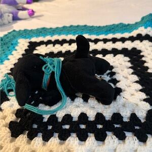 Handmade crochet granny square baby blanket turquoise & black, toy puppy Easter